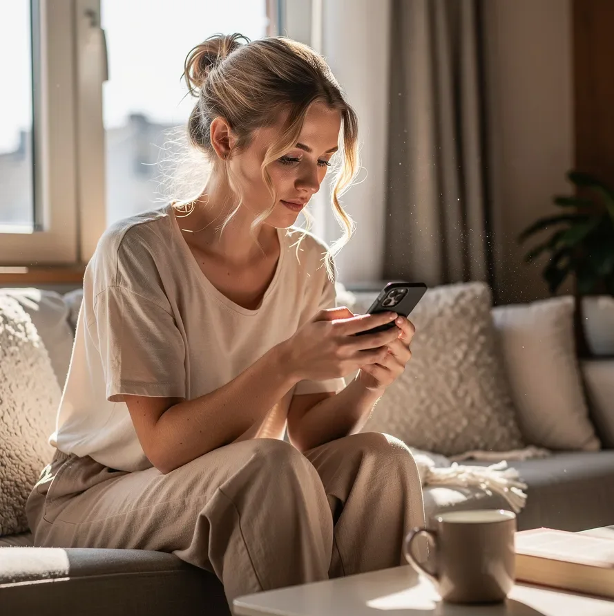 Young woman using her smartphone at home in natural daylight.