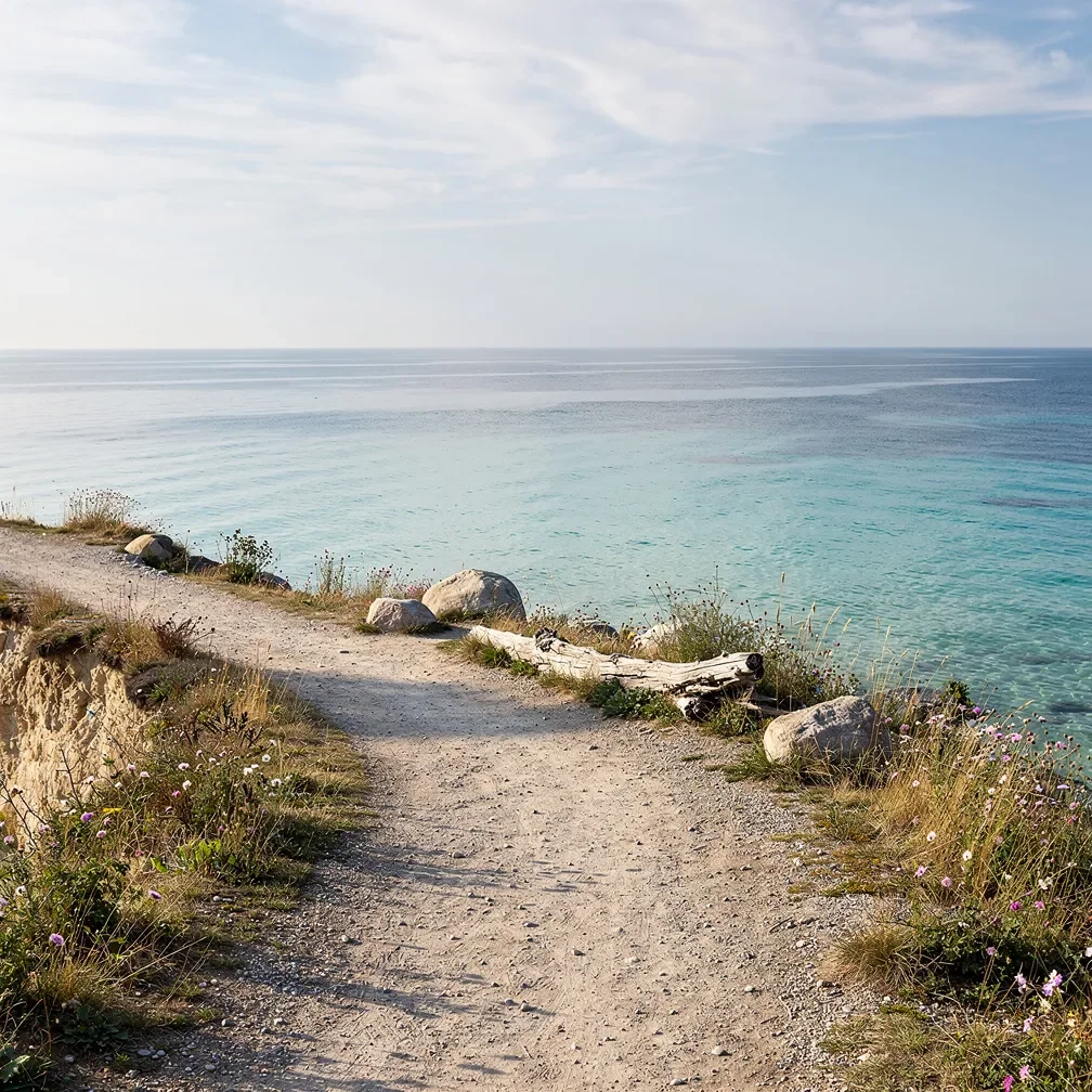 Bright coastal path overlooking calm, clear water in daylight.